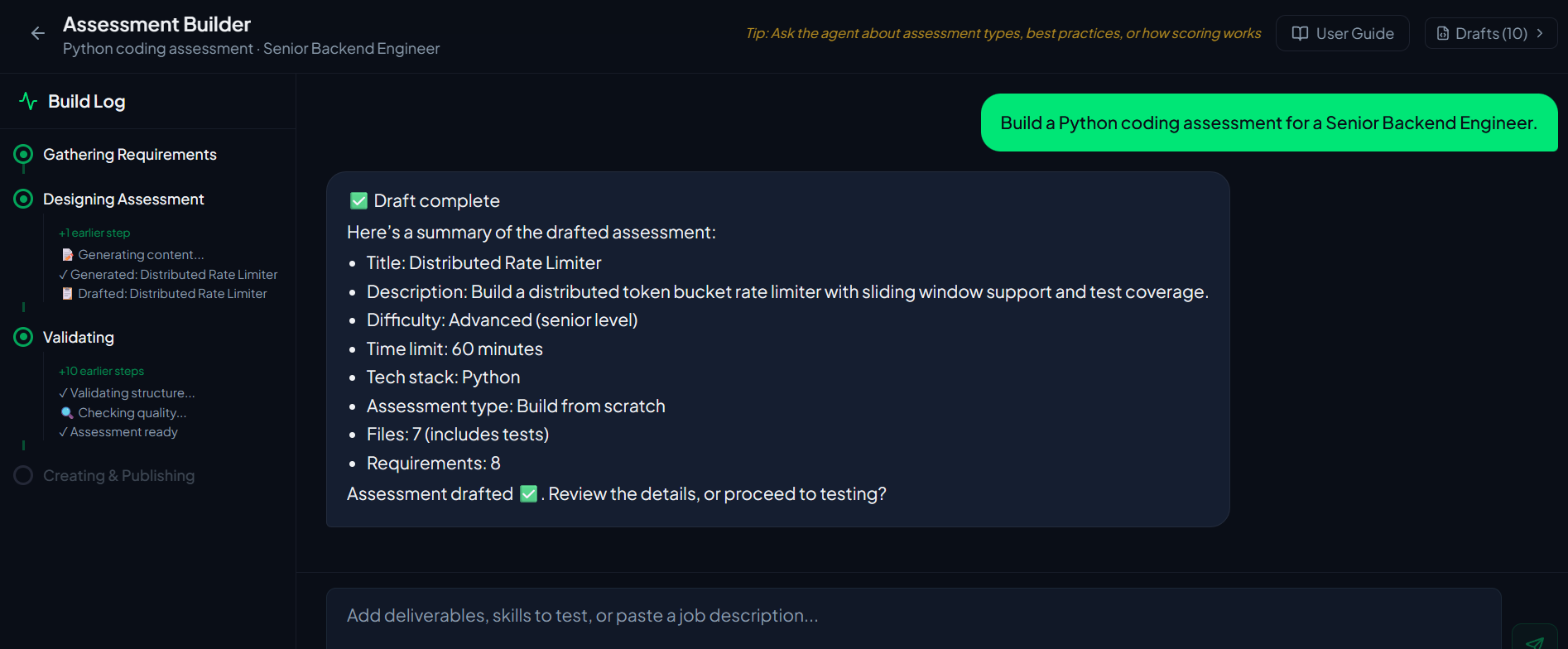 VibeLevel AI Assessment Builder — chat-driven authoring flow