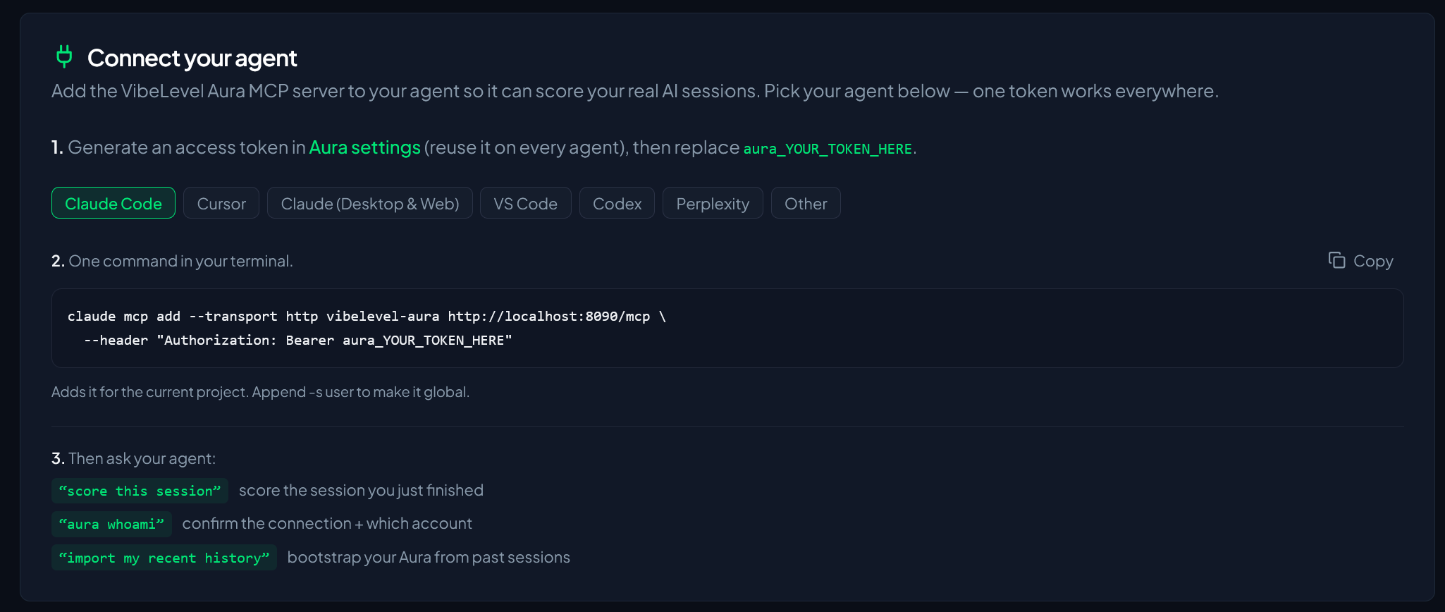VibeLevel Aura MCP connector setup - connect Claude Code, Cursor, VS Code and other AI tools